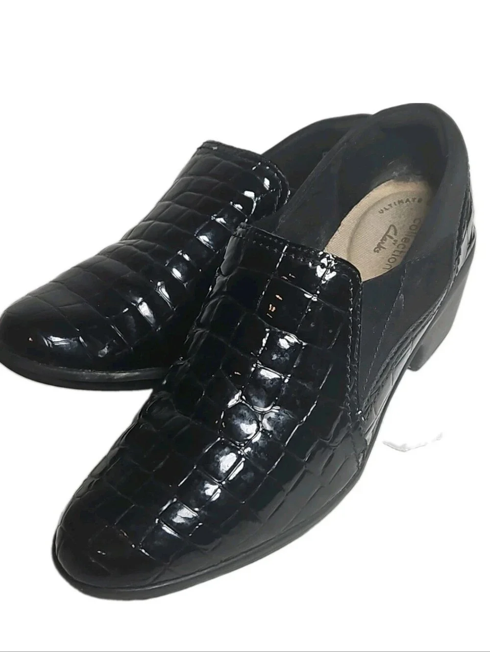 Clarks Women Size 8 M Black Croc Patent Leather Wedge SlipOn Loafer May Poppy[8A